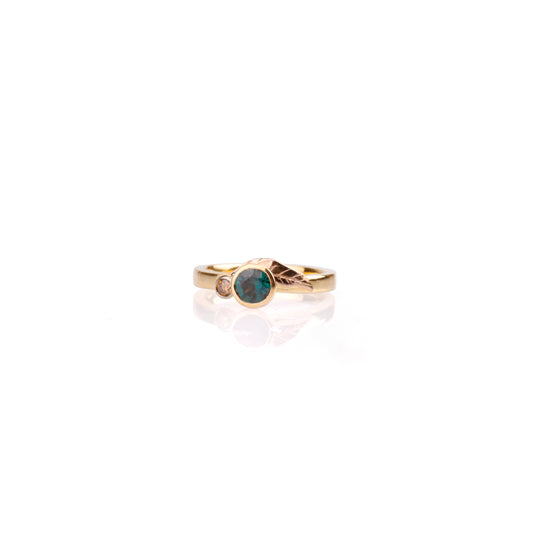 18ct Gold Eucalyptus Leaf Ring with Australian Sapphire & Argyle Diamond